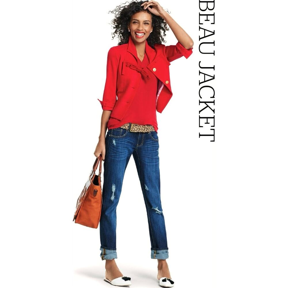 VTG Cabi Beau Red Cropped Blazer‎ Jacket Size 6 Gold Buttons Bow Preppy Holiday - Picture 2 of 14